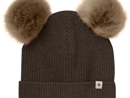 Huttelihut Dark Brown Melange Hat Knit W. Alpaca Pompoms Online now