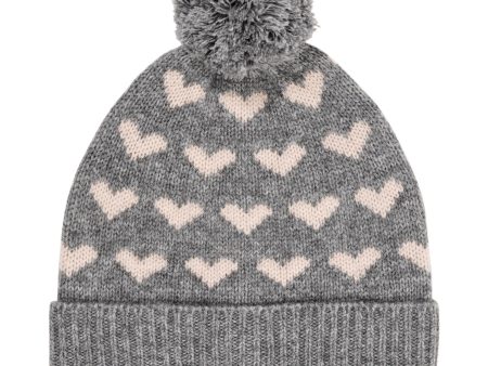 COPENHAGEN COLORS Grey Mel Taupe Combi Cashmere Beanie W. Hearts & Pompom For Cheap