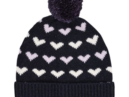 COPENHAGEN COLORS Navy Lavender Combi Cashmere Beanie W. Hearts & Pompom For Discount